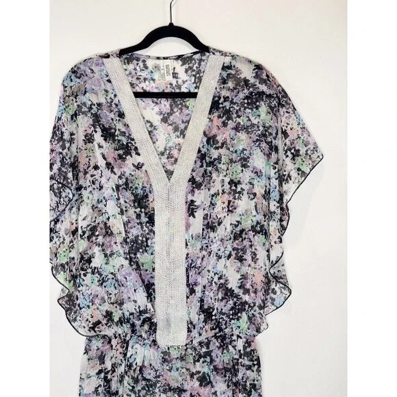 Badgley Mischka Womens Cover Up Black Abstract Sheer Beaded Blouson Swim Medium - Picture 4 of 10